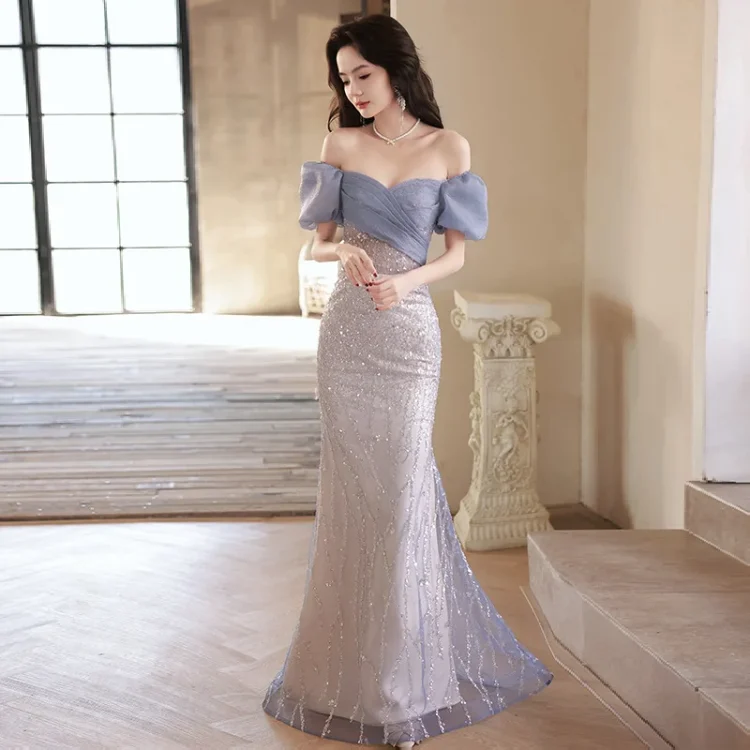 S0600T   Elegant Super Immortal Dream Bride Hot Selling Long-Sleeved Off-Shoulder Gown for Women Lace Decoration Evening Dresses - Image 4