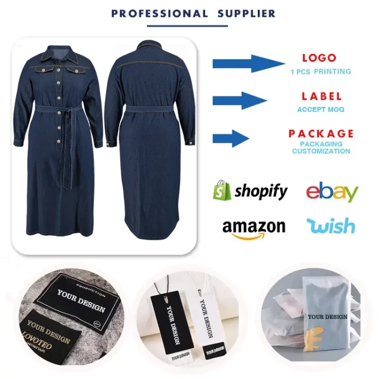 Y218319 High-Quality Autumn Plus Size Jeans Dresses Women Casual Turn-Down Collar Washed Long Maxi Dresses Women Denim Dress - Image 3