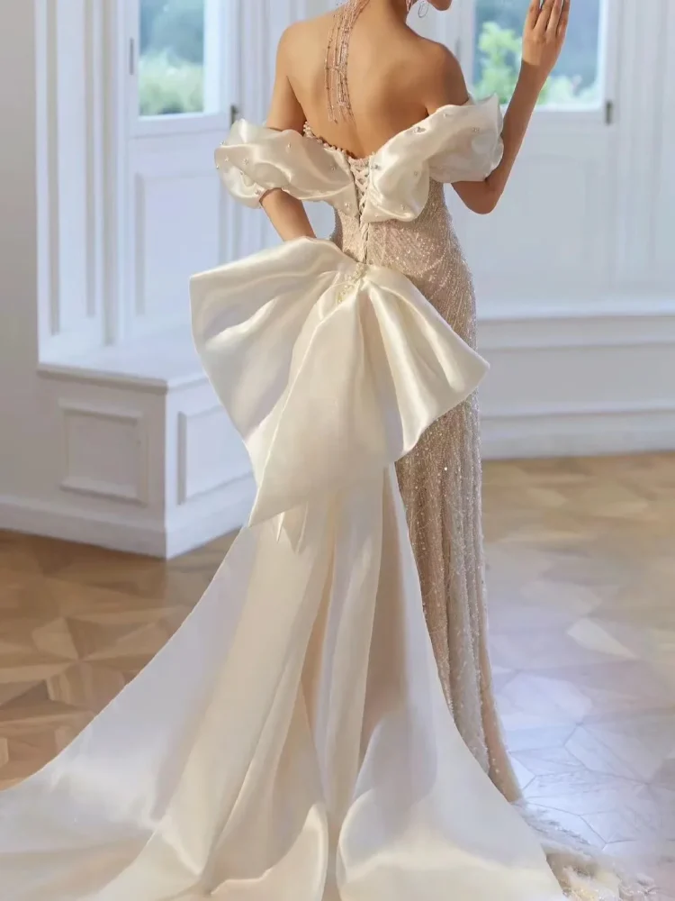 S0668G Mi -white Mermaid Nail Pearl Show Light Luxury off Shoulder Heavy Work Super Immortal Party Gowns for Women Evening Dress - Image 4