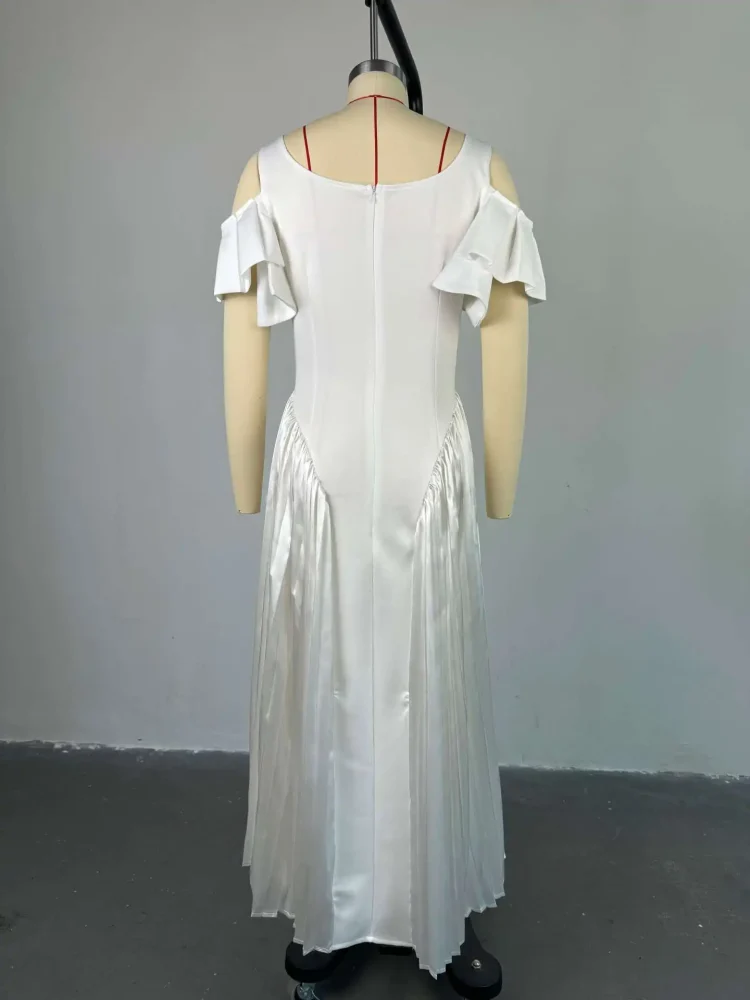 GX7601Fashion Summer Women 2024 Sexy Short Sleeve Strapless Pleated Patchwork Unique Long Dress Elegant U Neck Swing Maxi Dress - Image 4