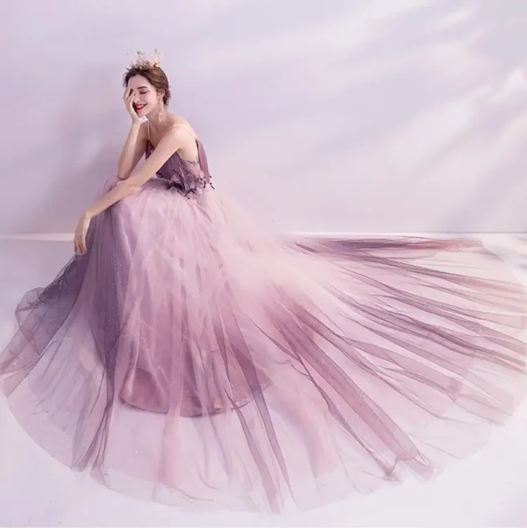 Backless Fairy Temperamental Mesh Evening Dresses Trailing Strapless Temperamental Mesh Evening Dresses