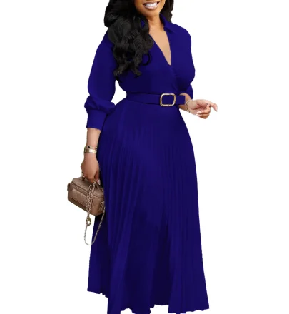 D472 Trendy Spring Dresses Women Lady Elegant Solid Color Long Sleeve V-neck Pleated Dress Elegant Casual Dresses With Belt