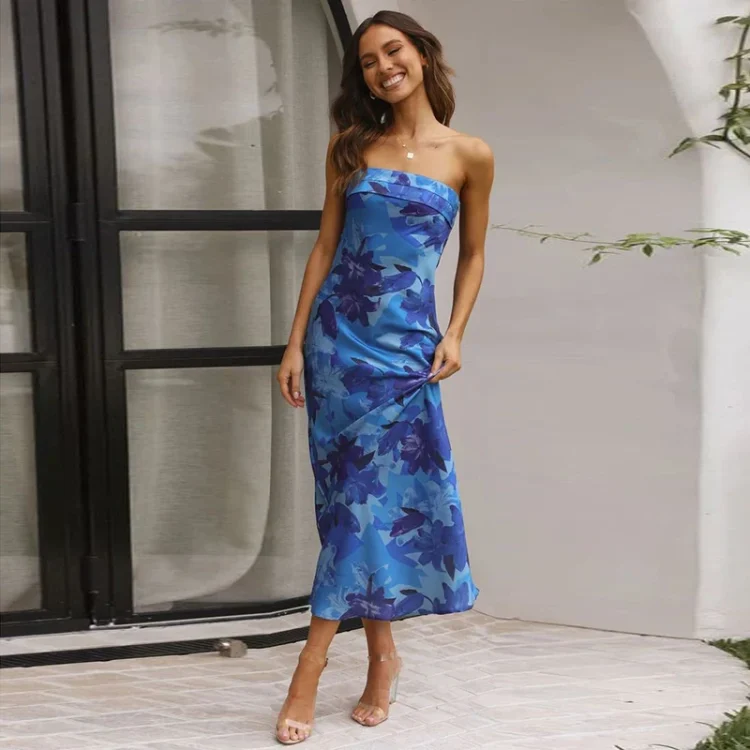 2024 Spring Summer New Fashion Elegant Satin Slim Fit Dress Women Floral Print Backless Evening Strapless Long Maxi Dresses - Image 4