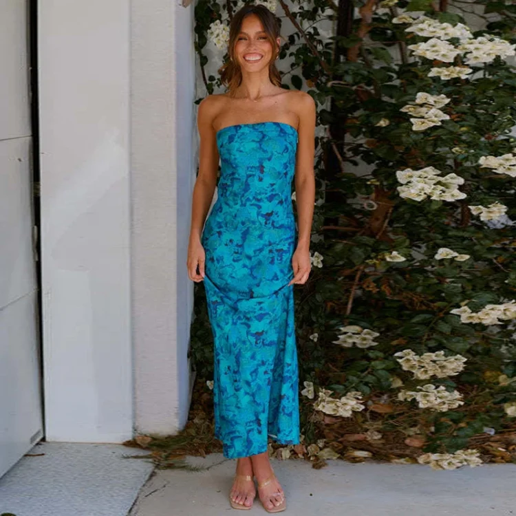 2024 Spring Summer New Fashion Elegant Satin Slim Fit Dress Women Floral Print Backless Evening Strapless Long Maxi Dresses - Image 2