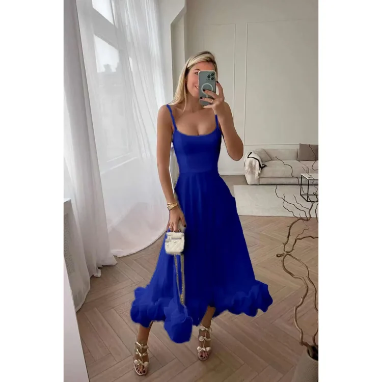 2024 Custom Suspender Large Swing Plain A-Line Skirt Long Dresses Sleeveless Sexy Sun Dresses Black Slip Petal Hem Midi Dress - Image 6