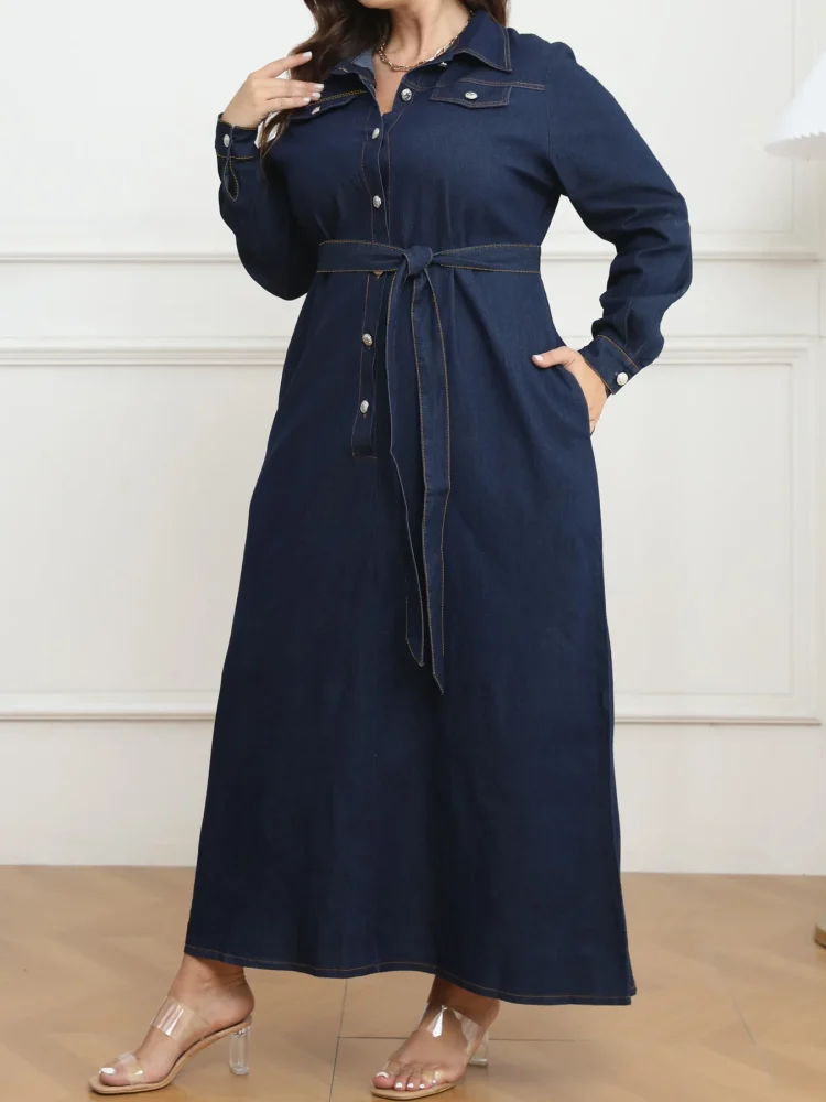 Y218319 High-Quality Autumn Plus Size Jeans Dresses Women Casual Turn-Down Collar Washed Long Maxi Dresses Women Denim Dress - Image 4
