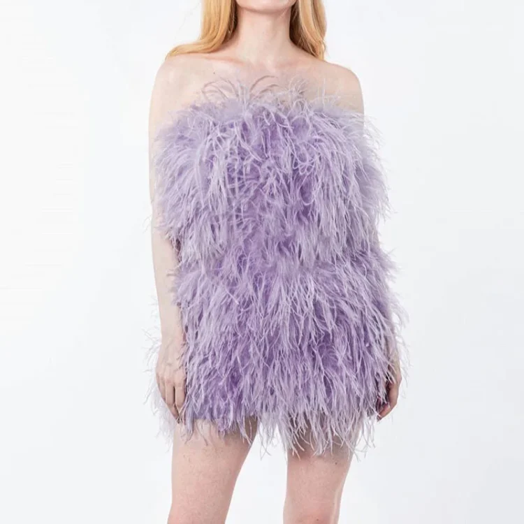 Custom Colors Strapless Long Feather Club Evening Dress Sleeveless Women Ostrich Feather Dress - Image 4