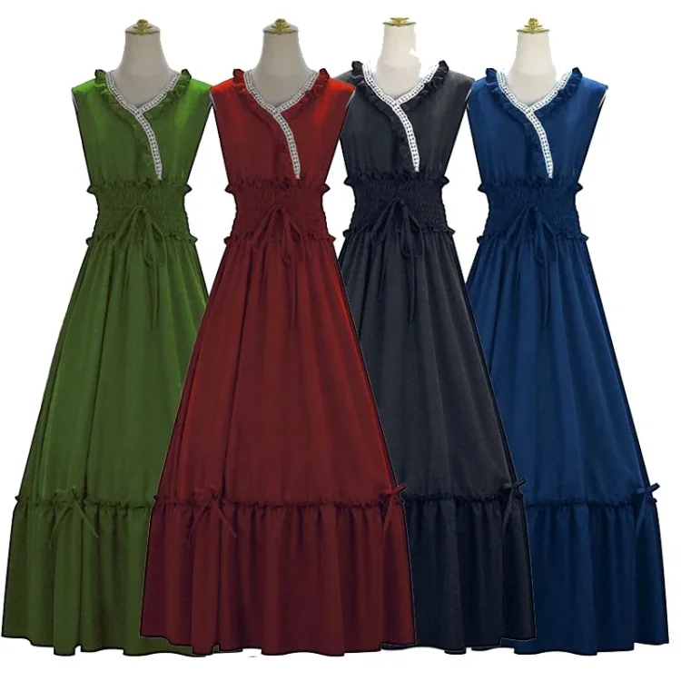 Women Medieval Renaissance Dress Boho Petticoat Sleeveless Smocked Waist Retro Pleated Long Dress Costume - Image 6