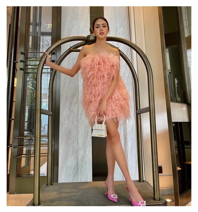 Long Fashion Ladies Fur Dress Wraps Sleeveless Bustier Corset Elegant Strapless Pink Ostrich Feather Evening Dress Women - Image 6