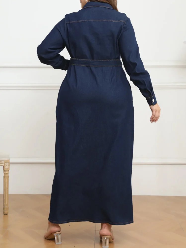 Y218319 High-Quality Autumn Plus Size Jeans Dresses Women Casual Turn-Down Collar Washed Long Maxi Dresses Women Denim Dress - Image 2
