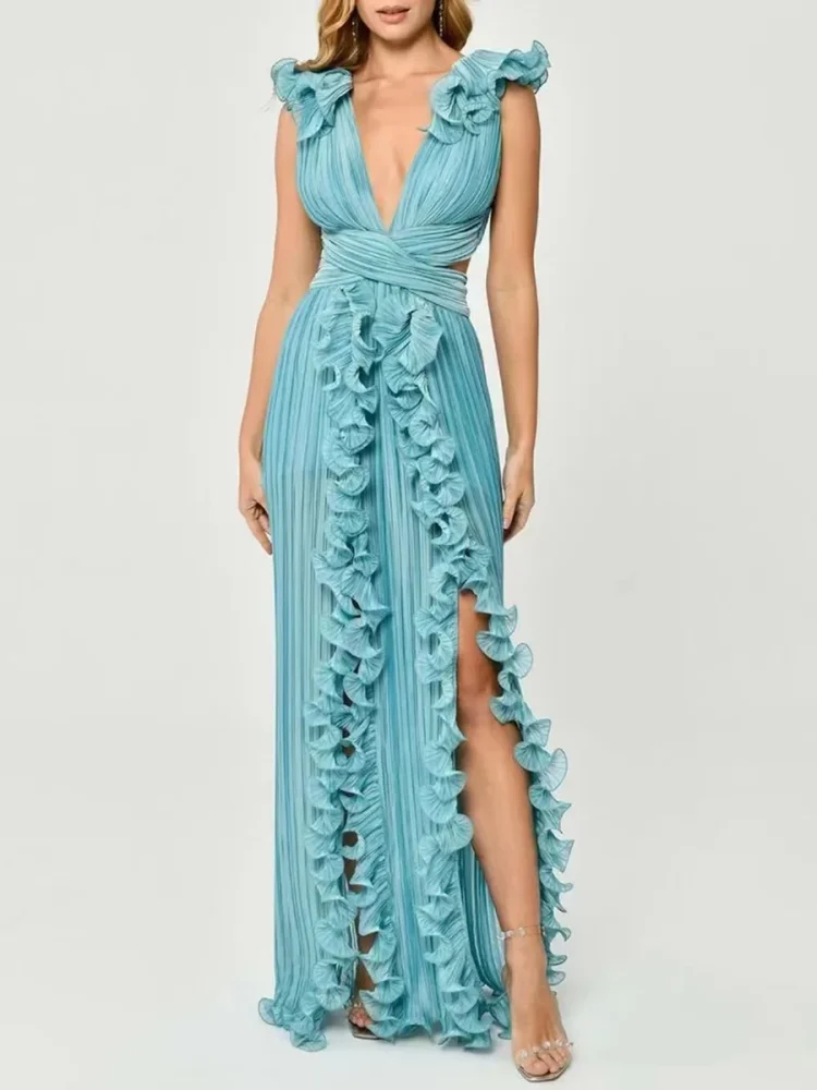 Wholesale Hot Sale Women's Clothing Bettergirl Factory Petals Solid Long Dress Holiday V-neck Slit Elegant Dress Women - Image 2