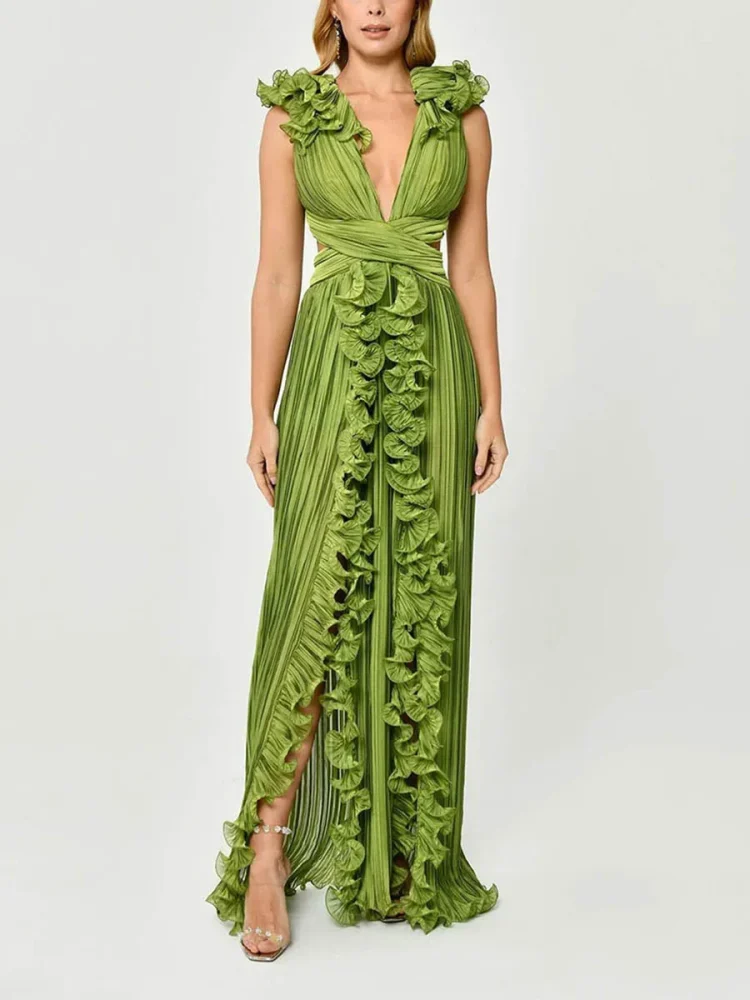 Wholesale Hot Sale Women's Clothing Bettergirl Factory Petals Solid Long Dress Holiday V-neck Slit Elegant Dress Women