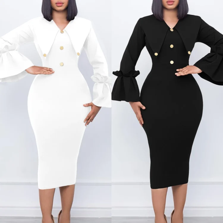 C8608 New Arrival Winter Dresses Women Casual Elegant Flared Sleeve Ladies Office Dress African Church Dresses for Women - Image 6