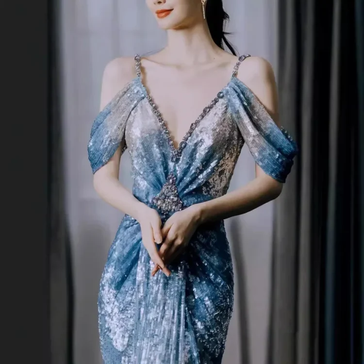 S0659G     Gradient Blue Host One Shoulder Model  Mermaid Annual Conference Pearl Gowns for Women Evening Dresses - Image 5