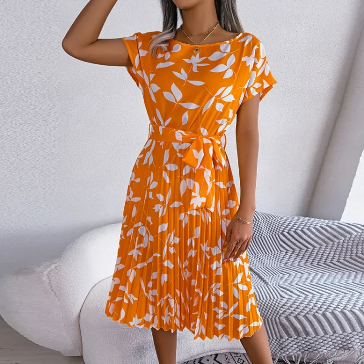 Elegant Short Sleeve Pleated Midi Dresses Women Sashes Chiffon Casual New Fashion New Style O-neck Dress Ladies - Image 6