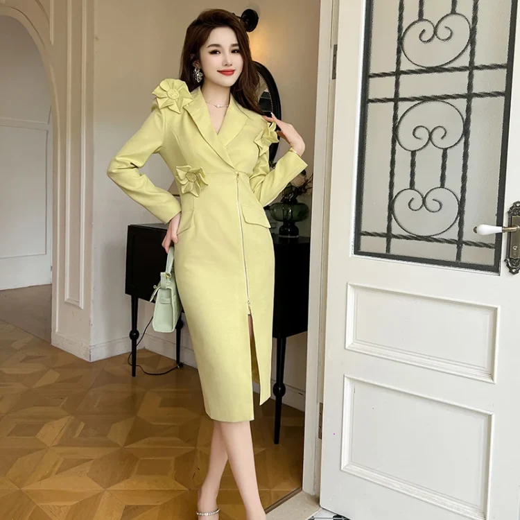 ZYHT 50799 Floral Decoration Zipper Long Sleeve Midi Women Uniform Style Elegant Work Official Dresses for Ladies Office Dress - Image 3